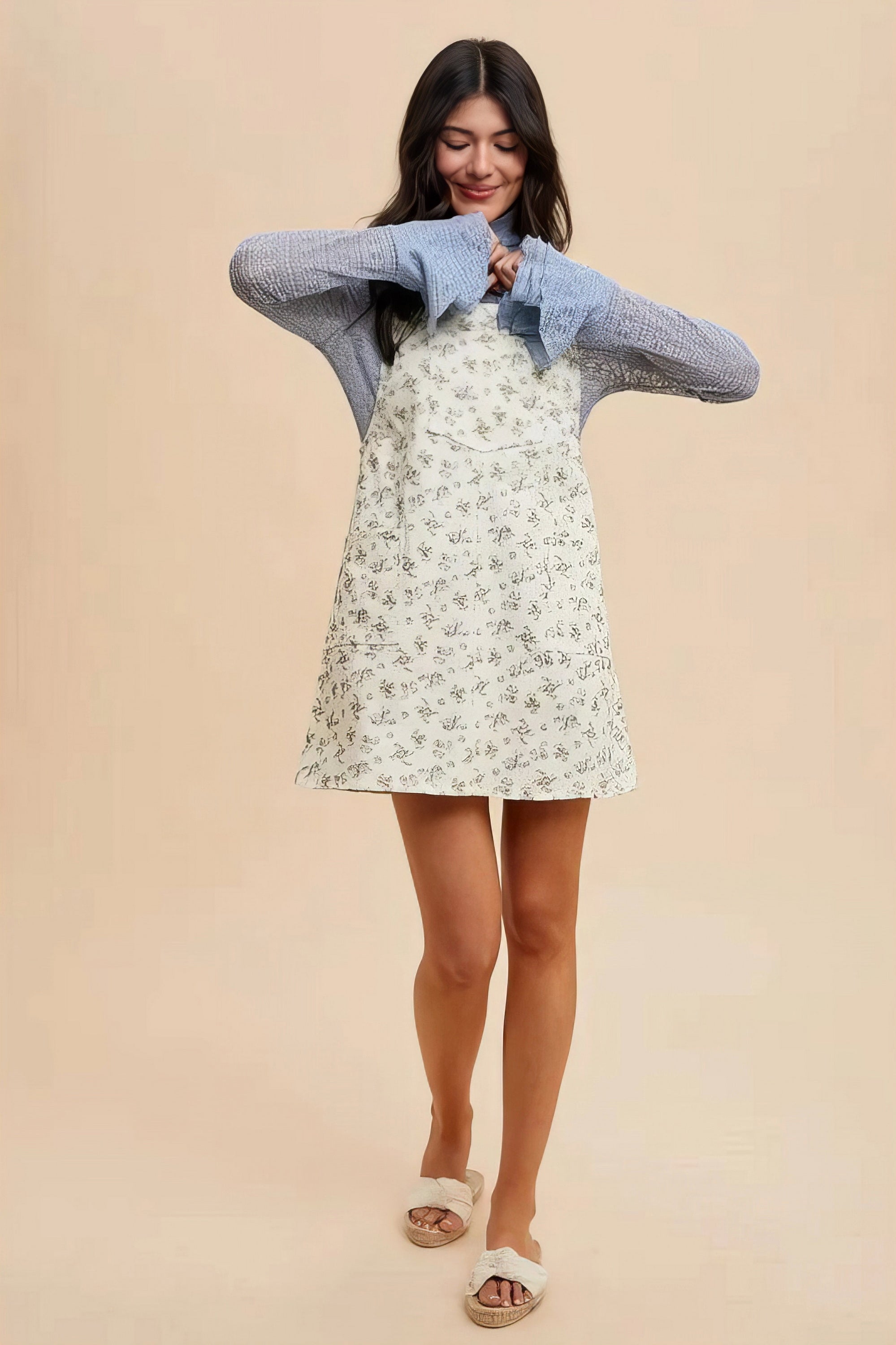 Annie Wear Stretch Ditsy Print Denim Overall Mini Dress.