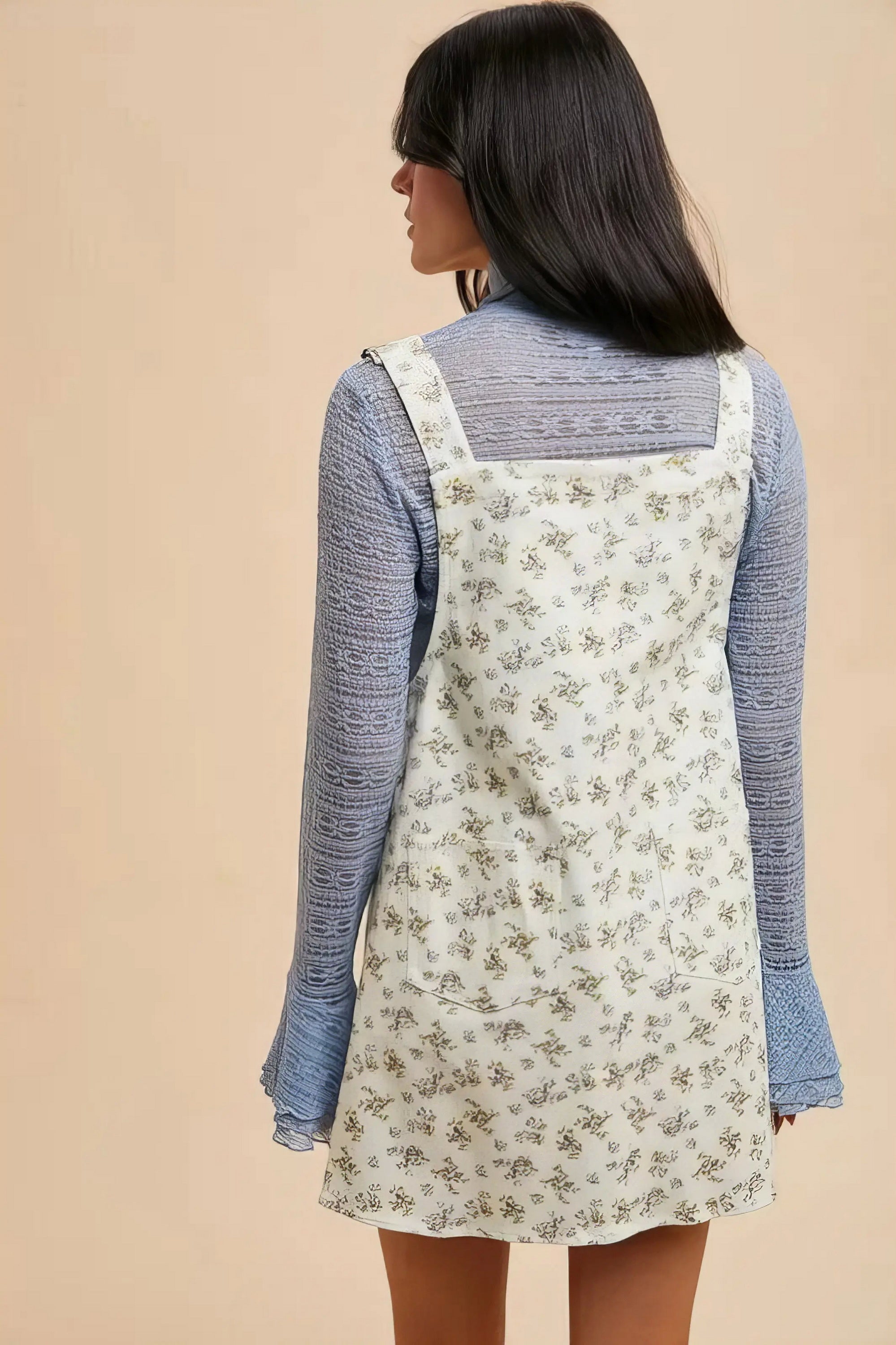 Annie Wear Stretch Ditsy Print Denim Overall Mini Dress.
