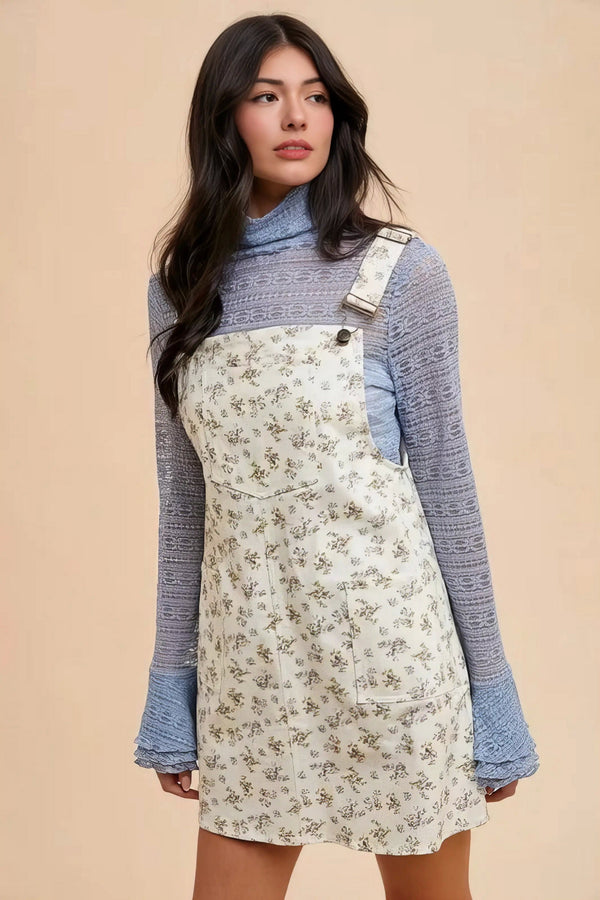 Annie Wear Stretch Ditsy Print Denim Overall Mini Dress.