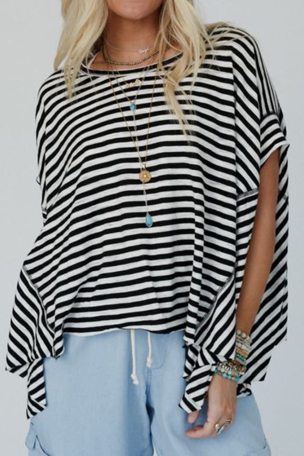 Stripe Batwing Sleeve Round Neck Oversized Top.