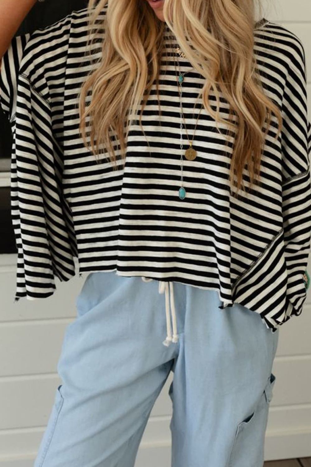 Stripe Batwing Sleeve Round Neck Oversized Top.