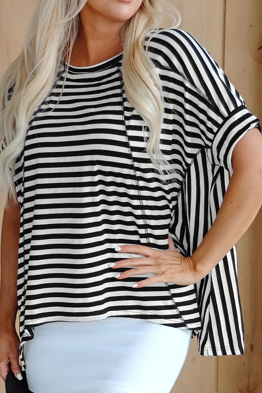 Stripe Batwing Sleeve Round Neck Oversized Top.