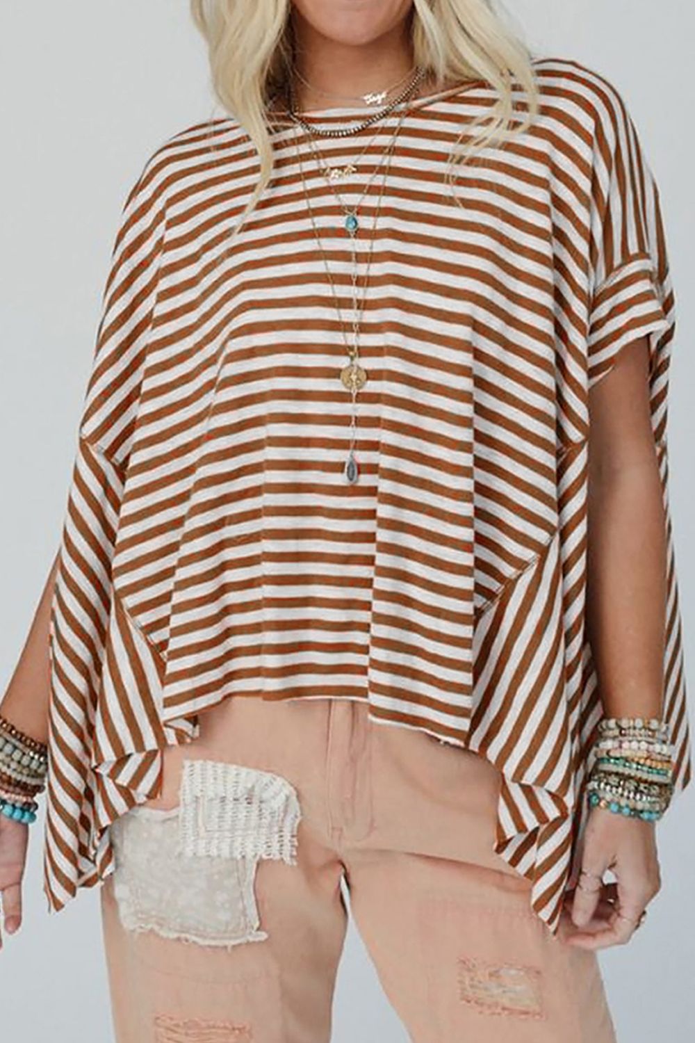 Stripe Batwing Sleeve Round Neck Oversized Top.