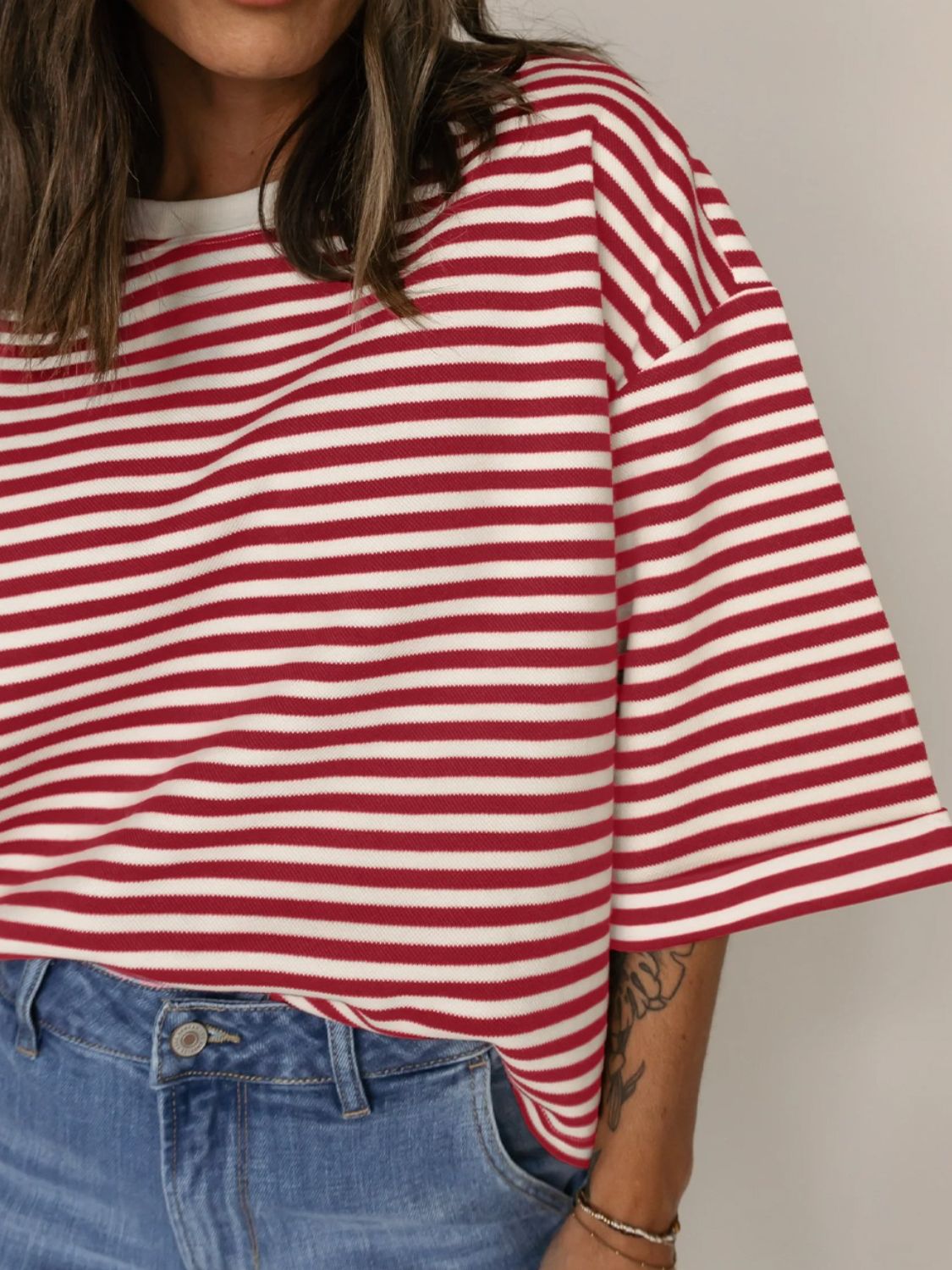 Stripe Bow Decor Cutout Drop Shoulder Top.