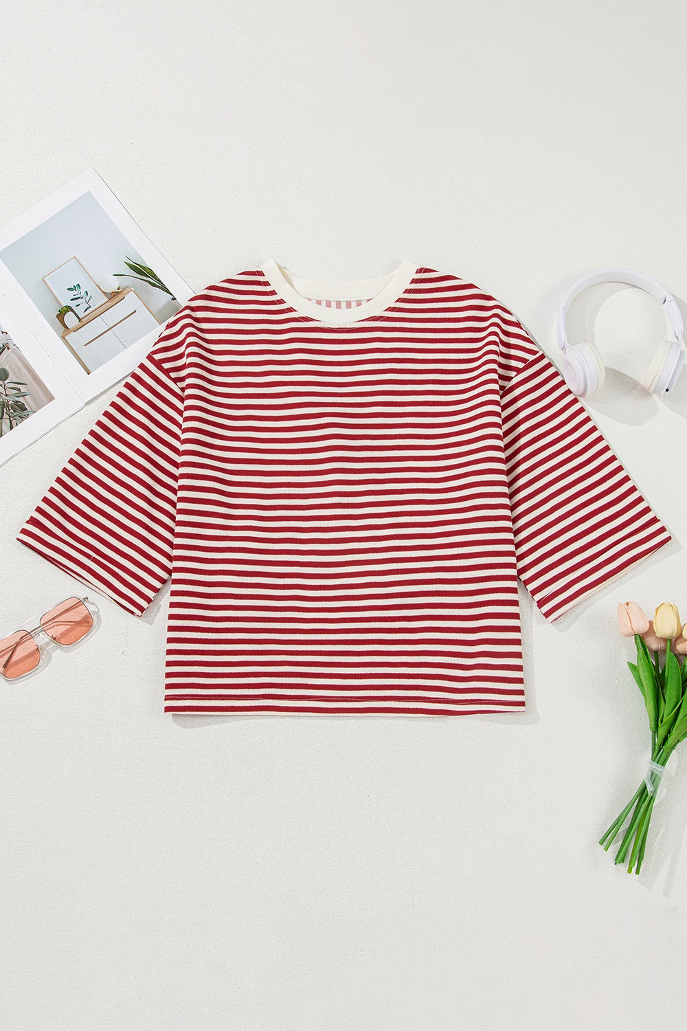 Stripe Bow Decor Cutout Drop Shoulder Top.