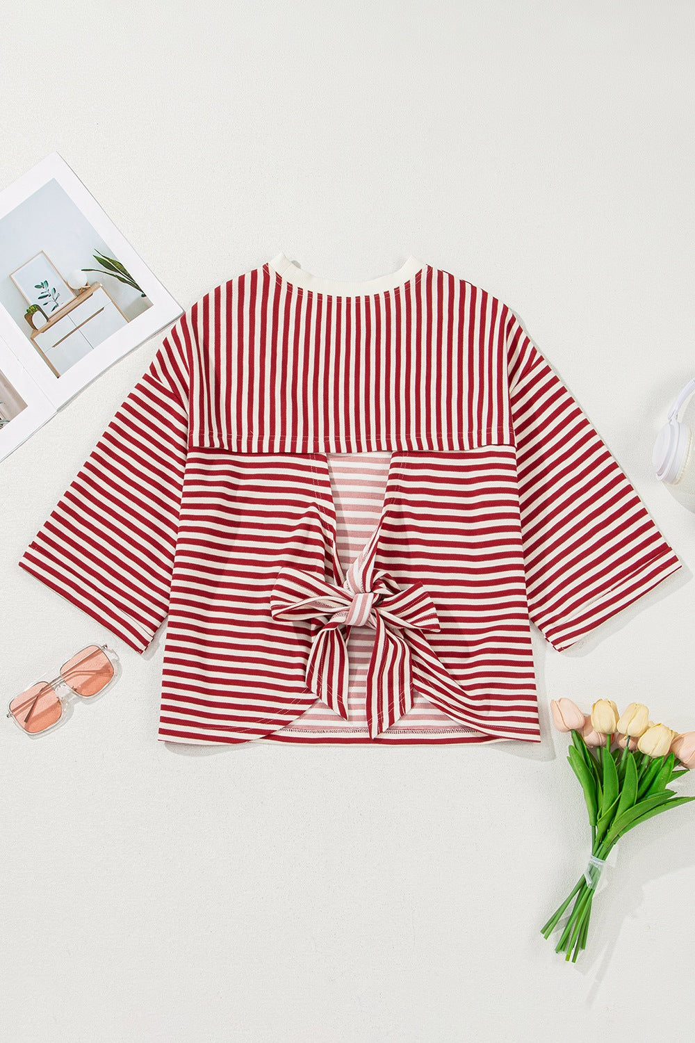 Stripe Bow Decor Cutout Drop Shoulder Top.