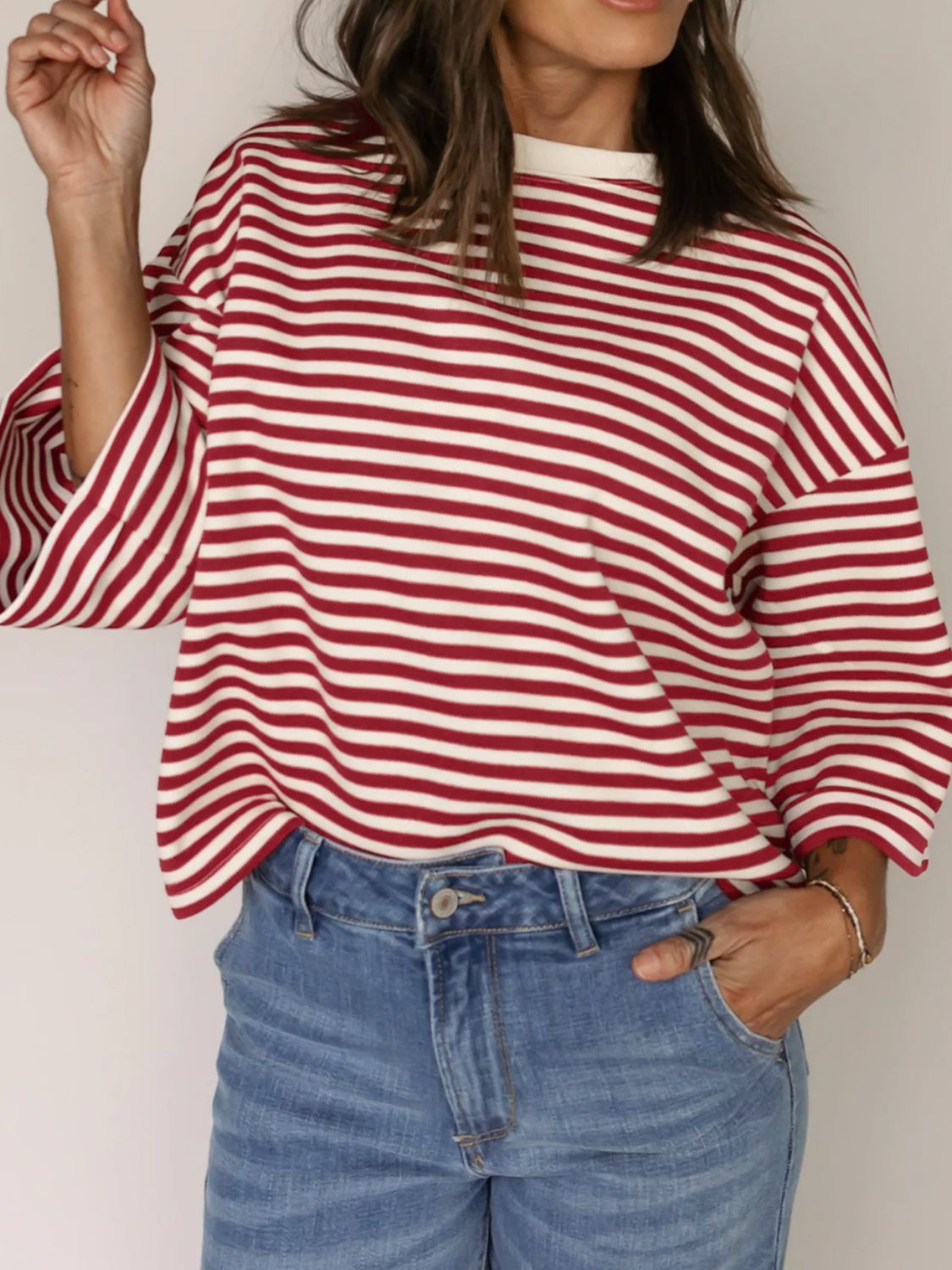Stripe Bow Decor Cutout Drop Shoulder Top.