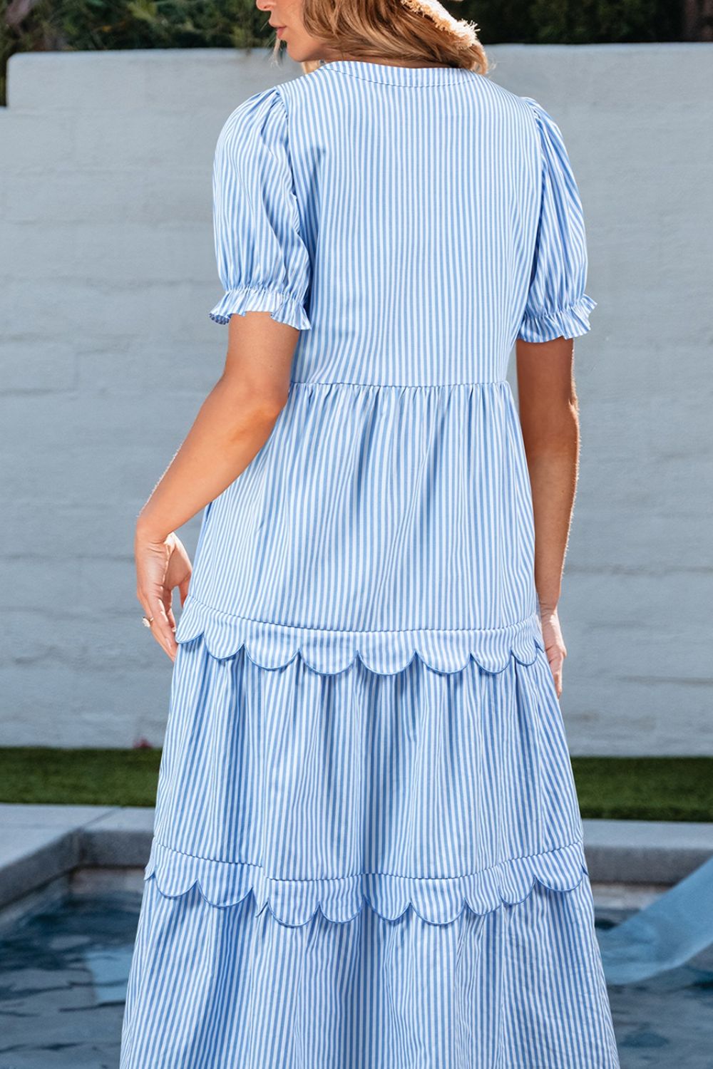 Stripe Bubble Short Sleeve Tiered Scallop Midi Dress.