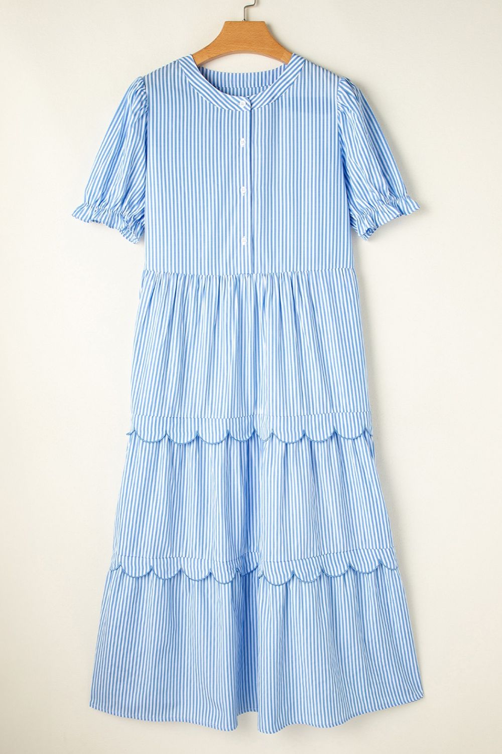 Stripe Bubble Short Sleeve Tiered Scallop Midi Dress.