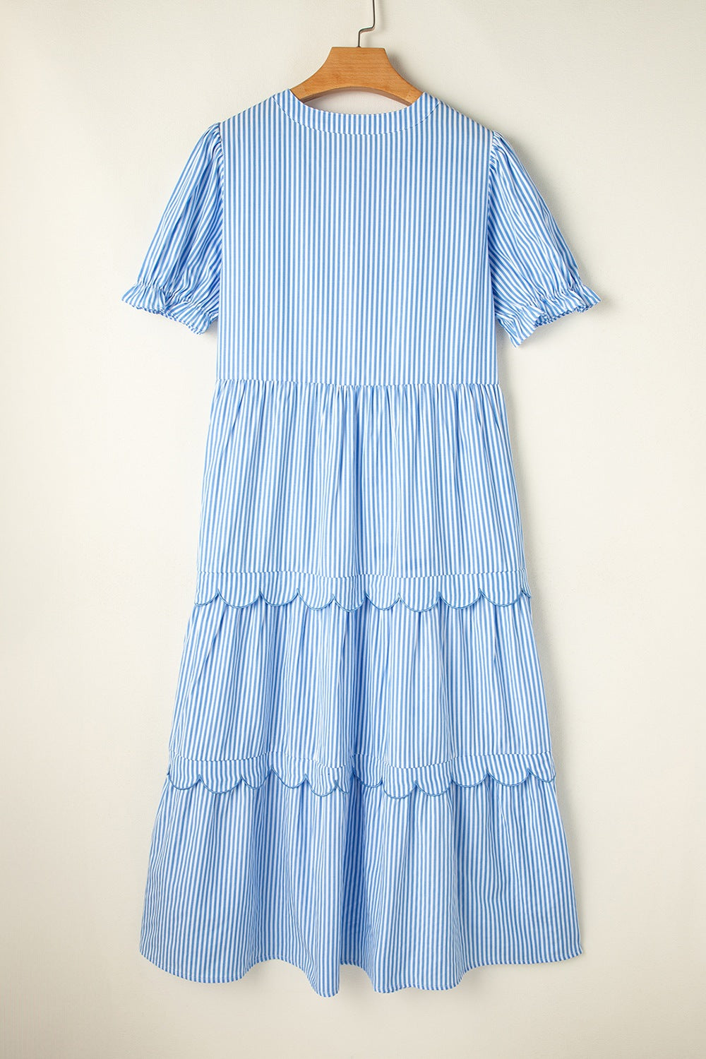Stripe Bubble Short Sleeve Tiered Scallop Midi Dress.