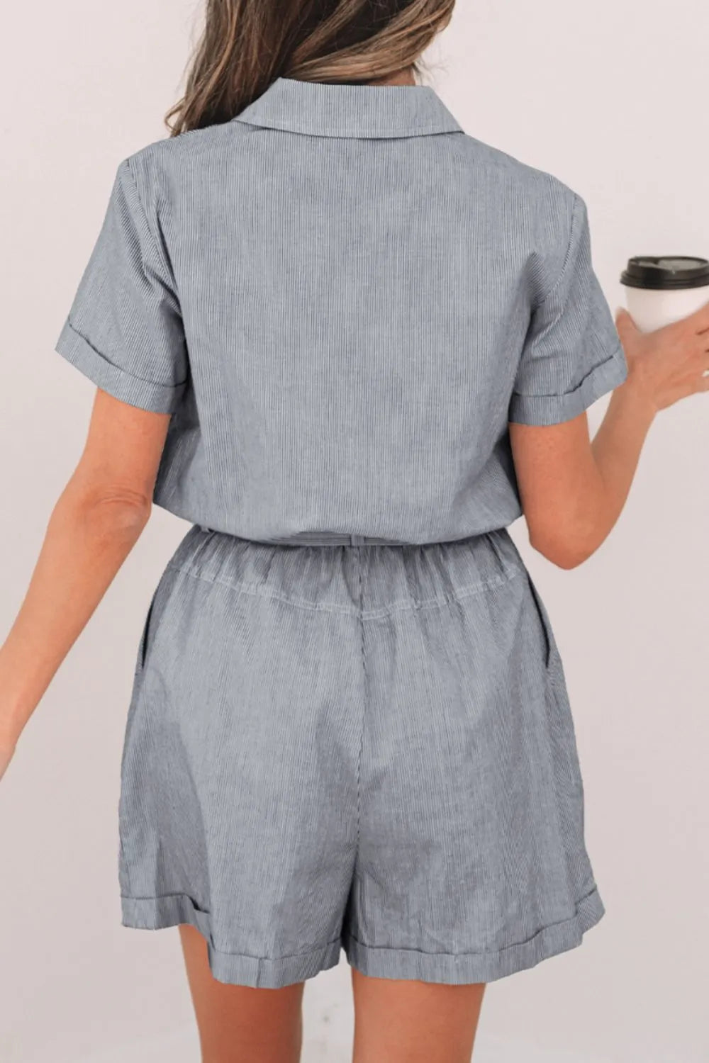 Stripe Chest Pockets Tie Waist Romper with Buttons.
