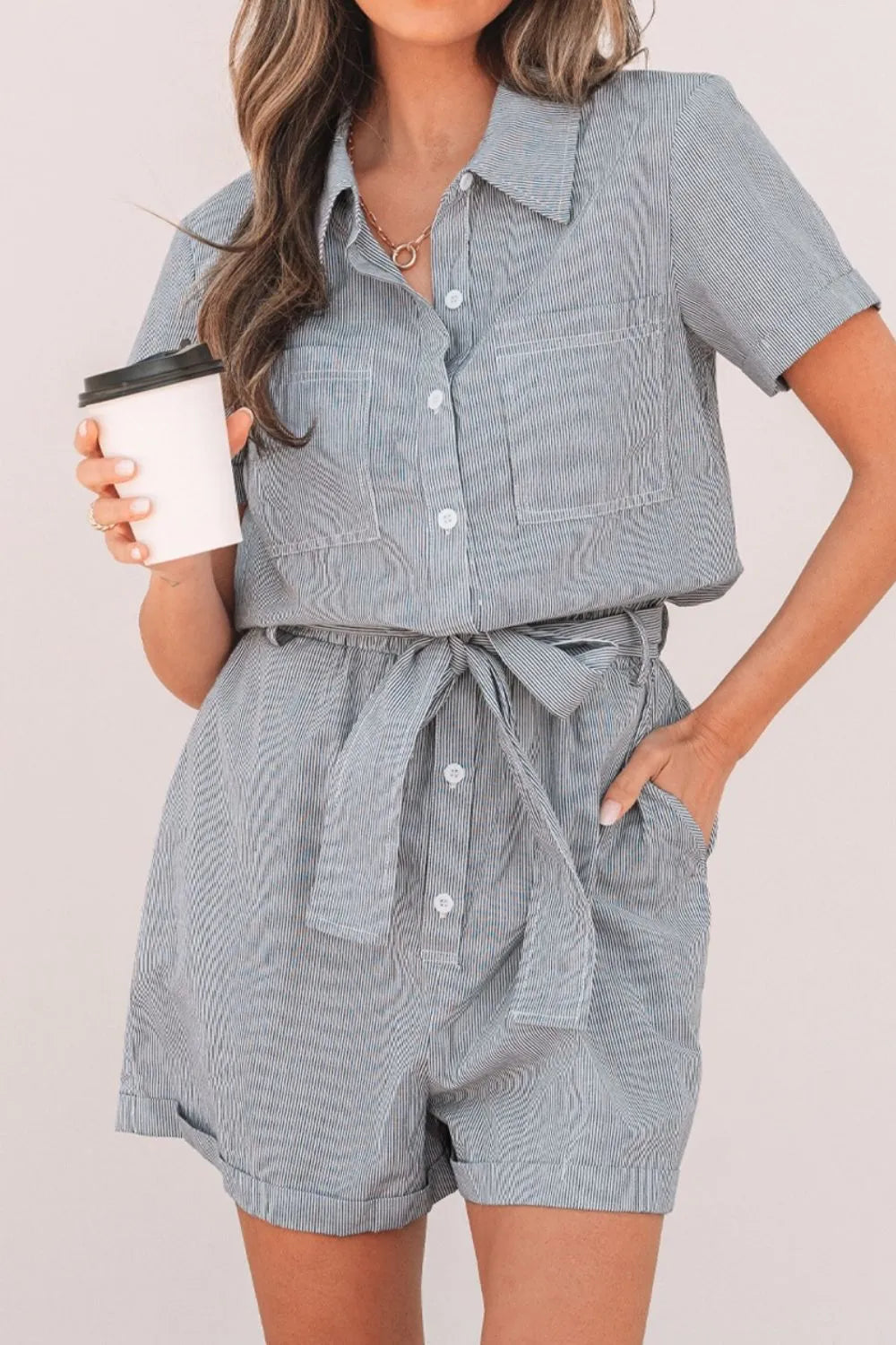 Stripe Chest Pockets Tie Waist Romper with Buttons.