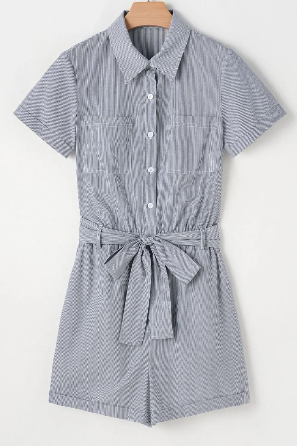 Stripe Chest Pockets Tie Waist Romper with Buttons.