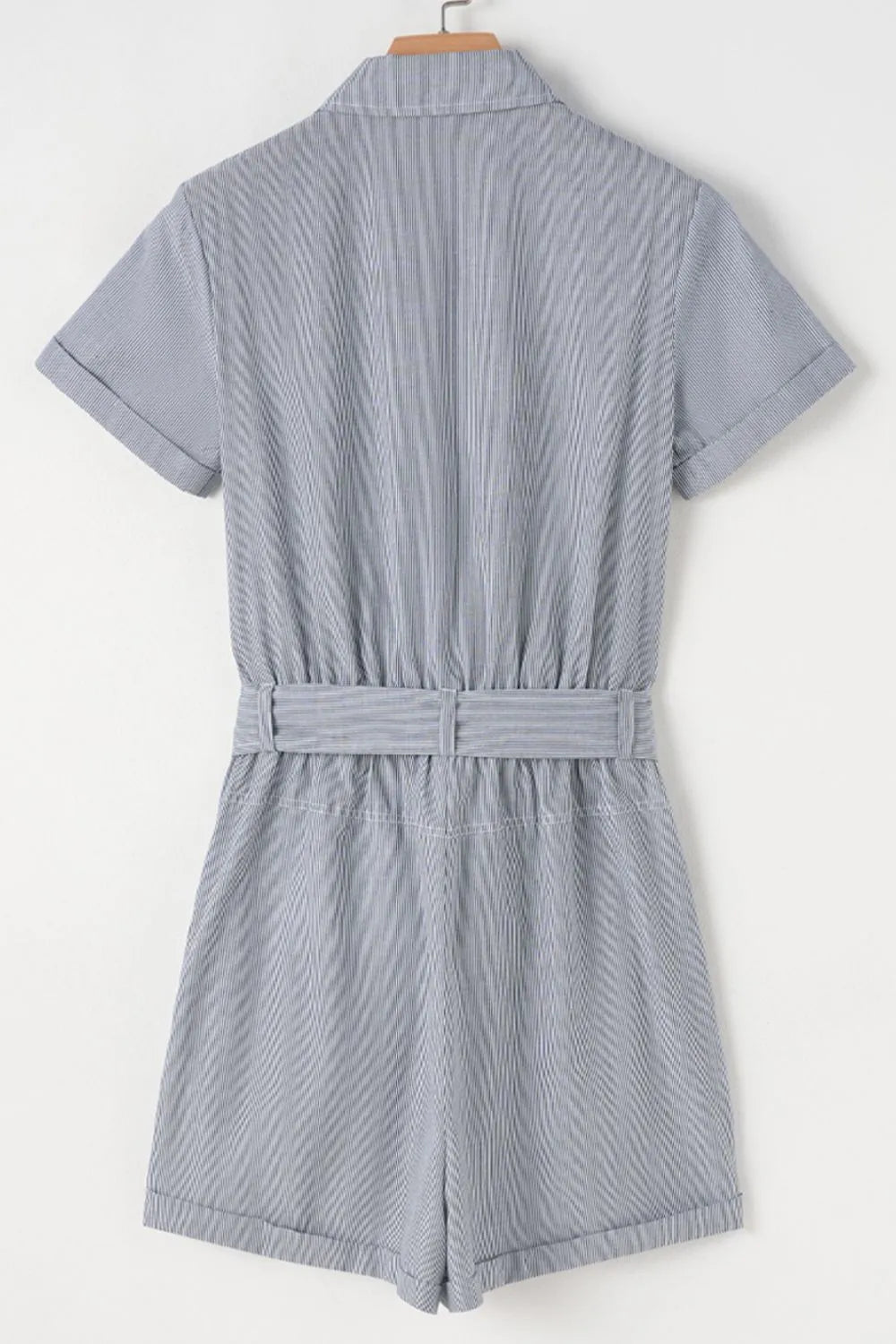 Stripe Chest Pockets Tie Waist Romper with Buttons.