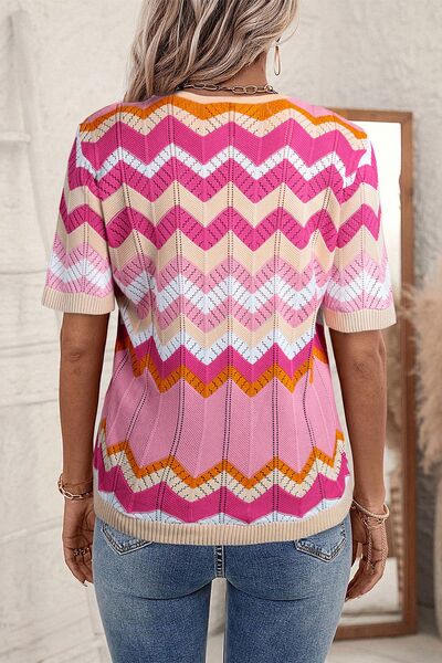 Stripe Chevron Openwork Round Neck Short Sleeve Knit Top.