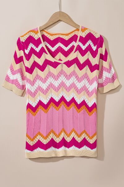 Stripe Chevron Openwork Round Neck Short Sleeve Knit Top.