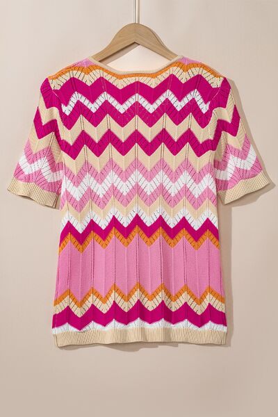 Stripe Chevron Openwork Round Neck Short Sleeve Knit Top.