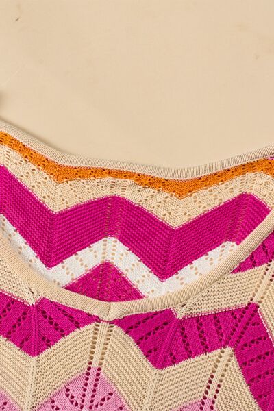 Stripe Chevron Openwork Round Neck Short Sleeve Knit Top.