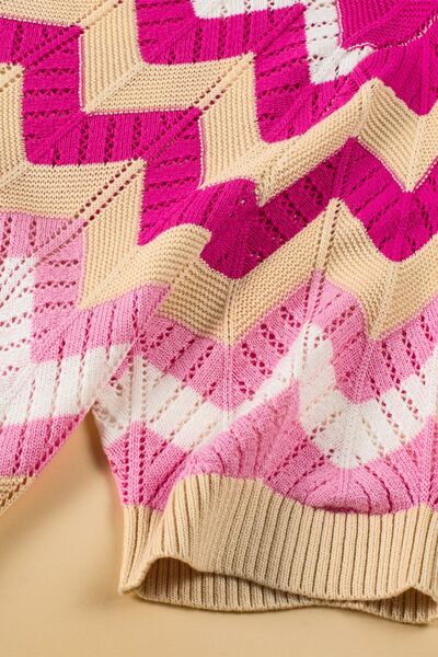 Stripe Chevron Openwork Round Neck Short Sleeve Knit Top.