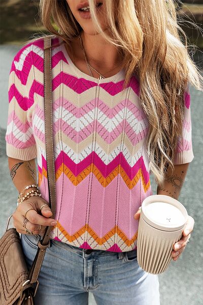 Stripe Chevron Openwork Round Neck Short Sleeve Knit Top.