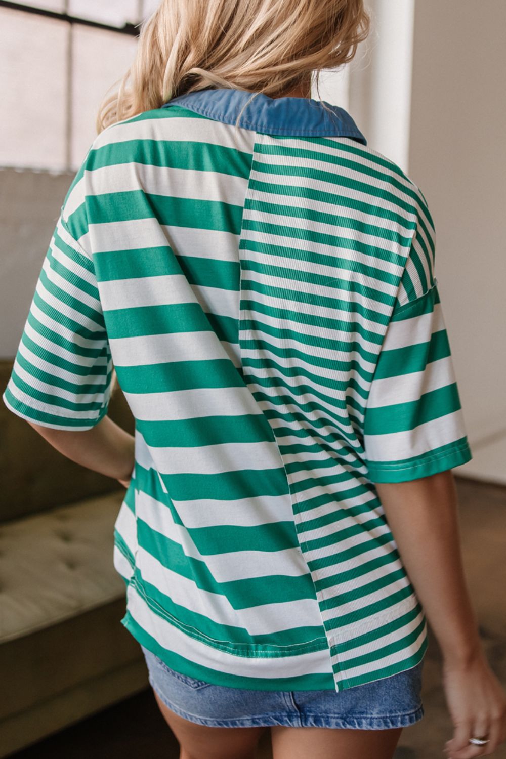Stripe Colorblock Collar Half Button Shirt.
