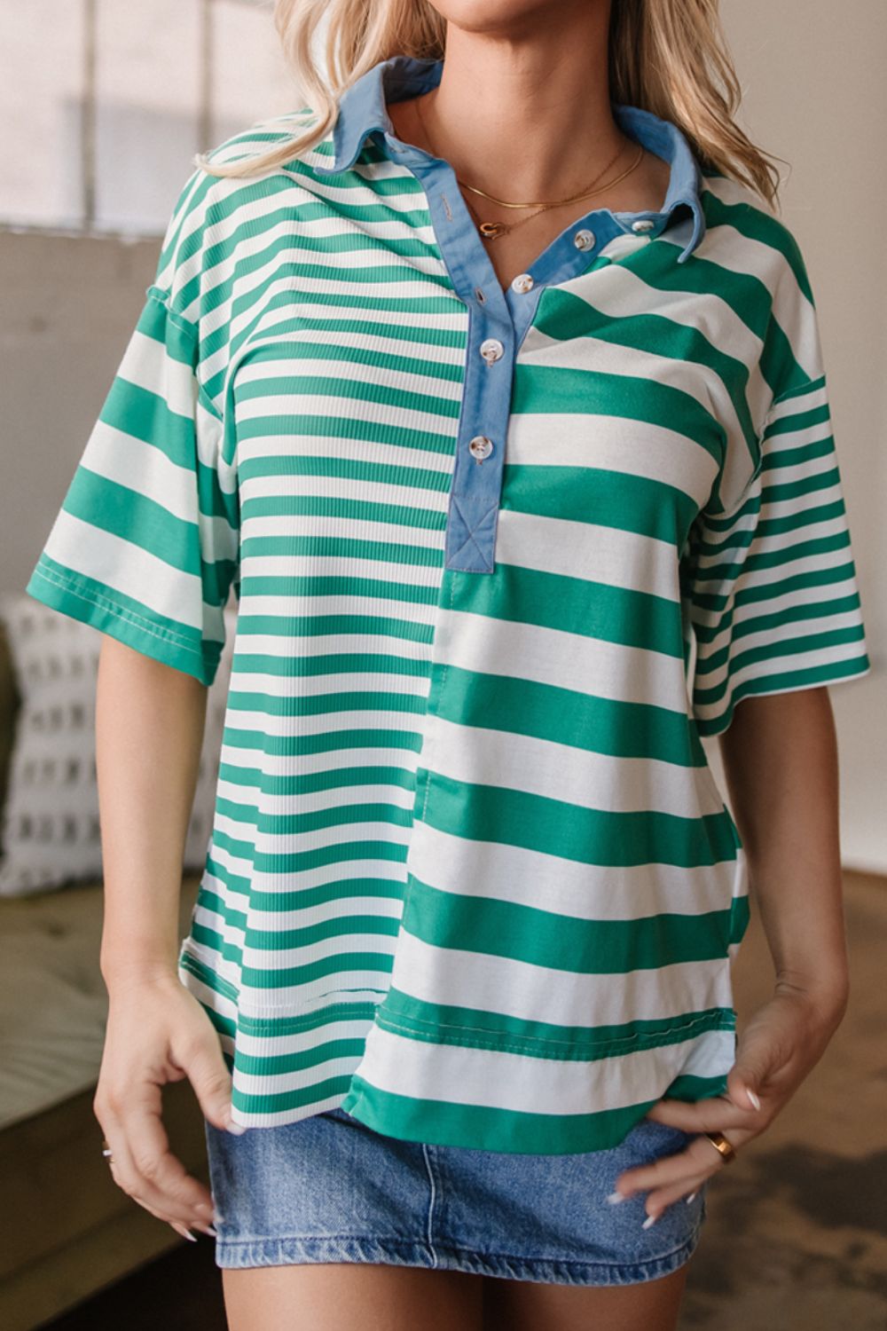 Stripe Colorblock Collar Half Button Shirt.