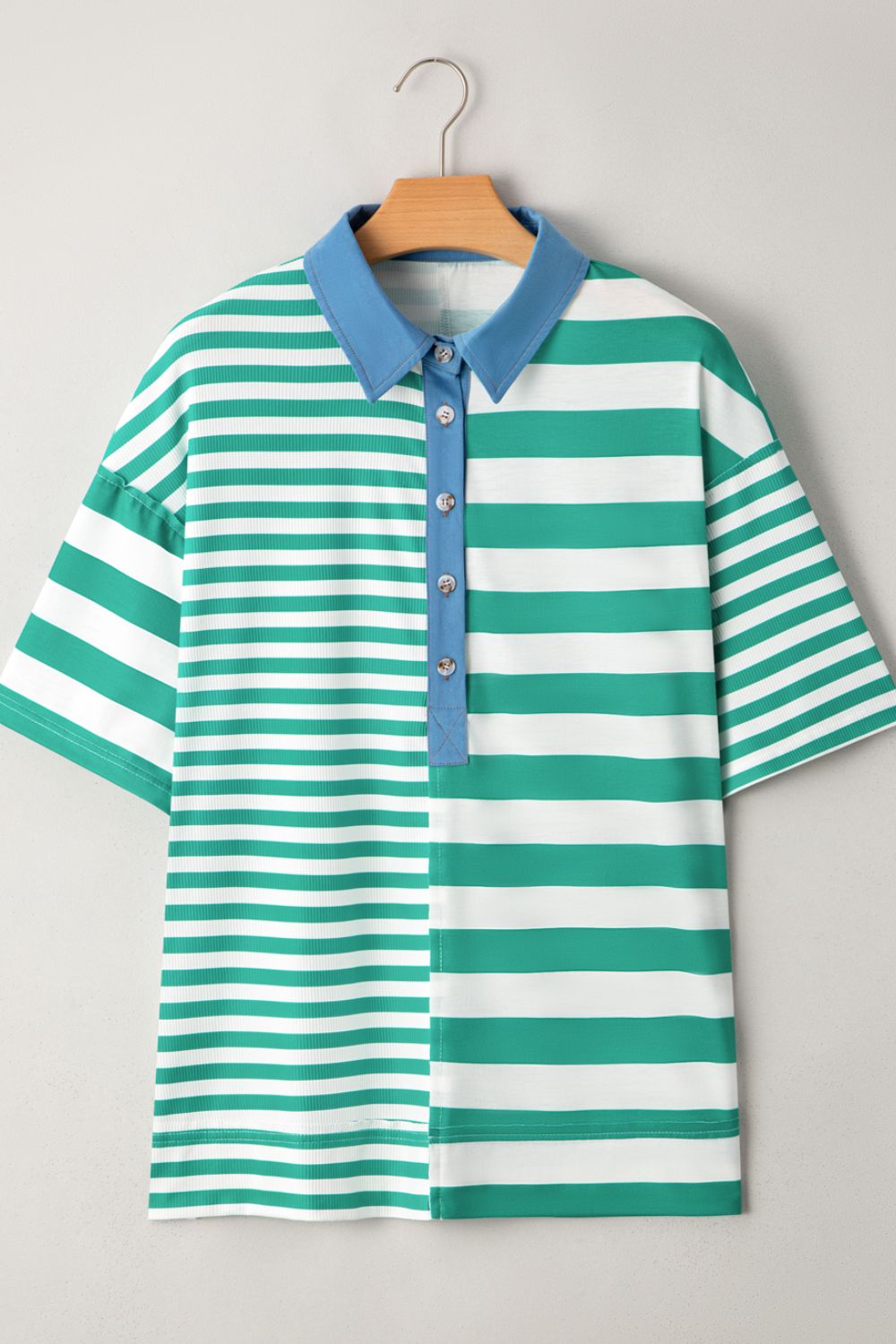 Stripe Colorblock Collar Half Button Shirt.