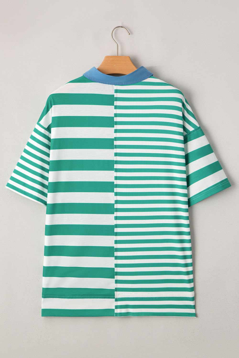 Stripe Colorblock Collar Half Button Shirt.