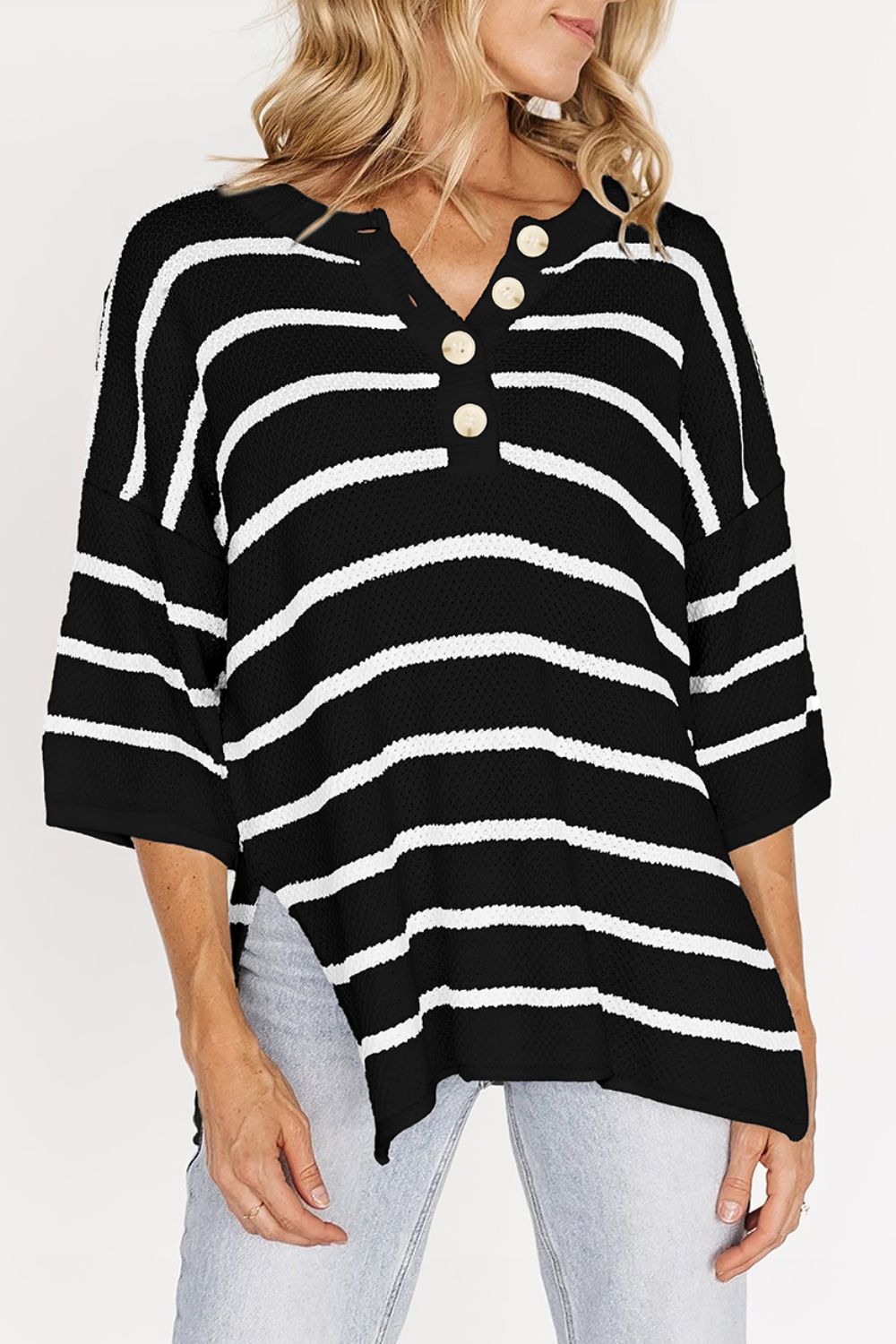 Stripe Drop Shoulder Side Slit Knit Top.