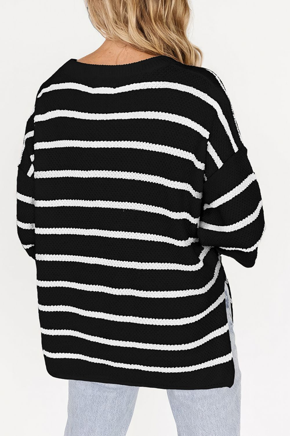 Stripe Drop Shoulder Side Slit Knit Top.