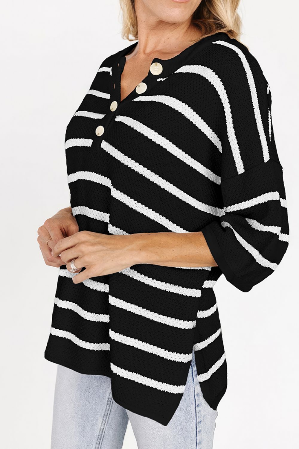 Stripe Drop Shoulder Side Slit Knit Top.
