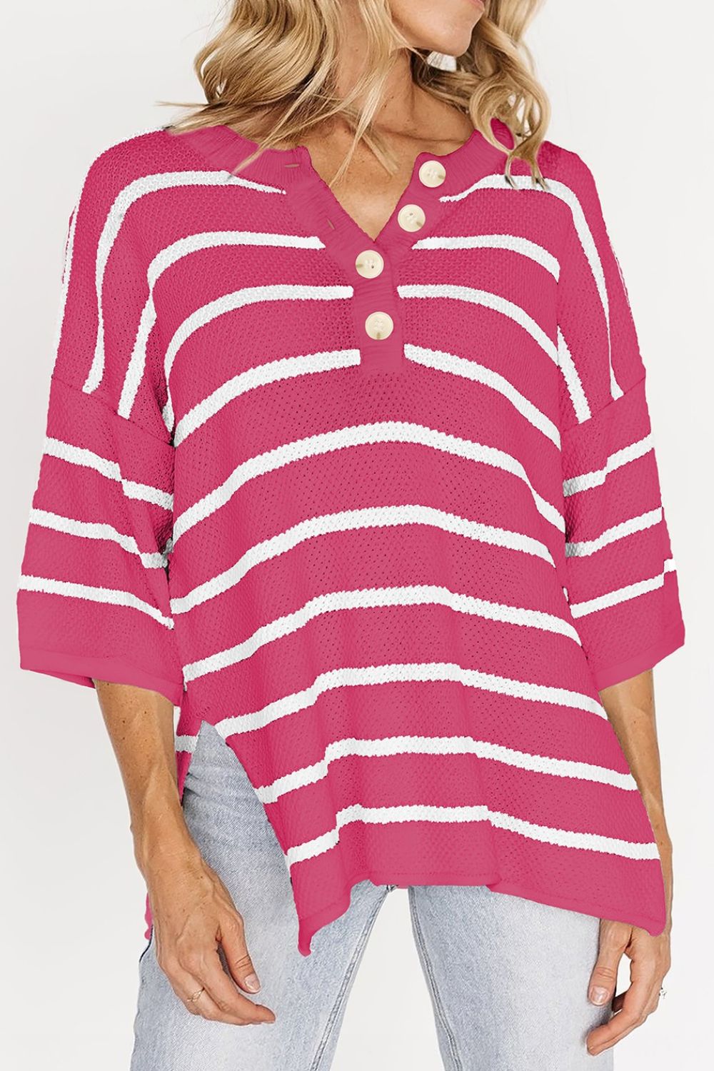 Stripe Drop Shoulder Side Slit Knit Top.