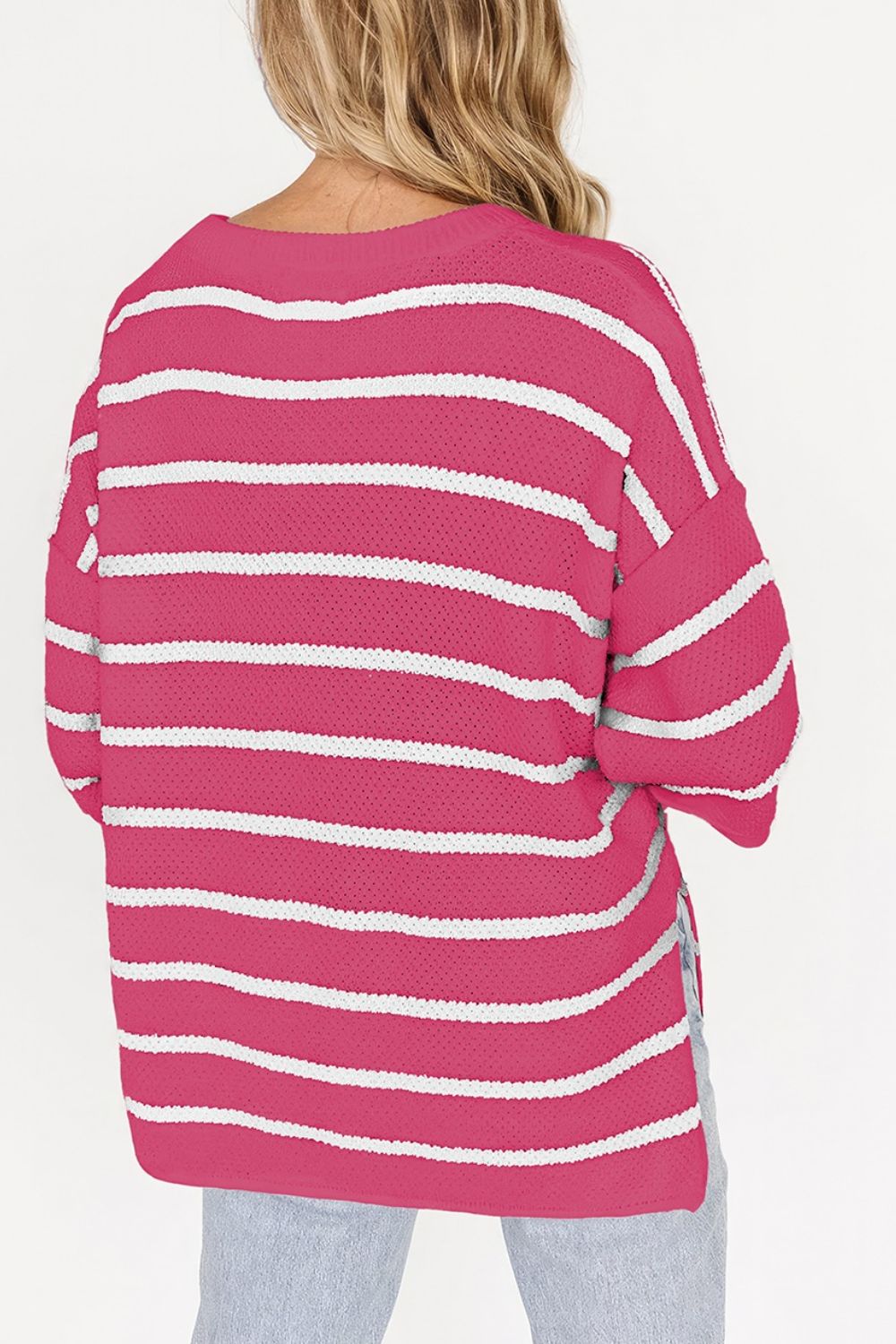 Stripe Drop Shoulder Side Slit Knit Top.
