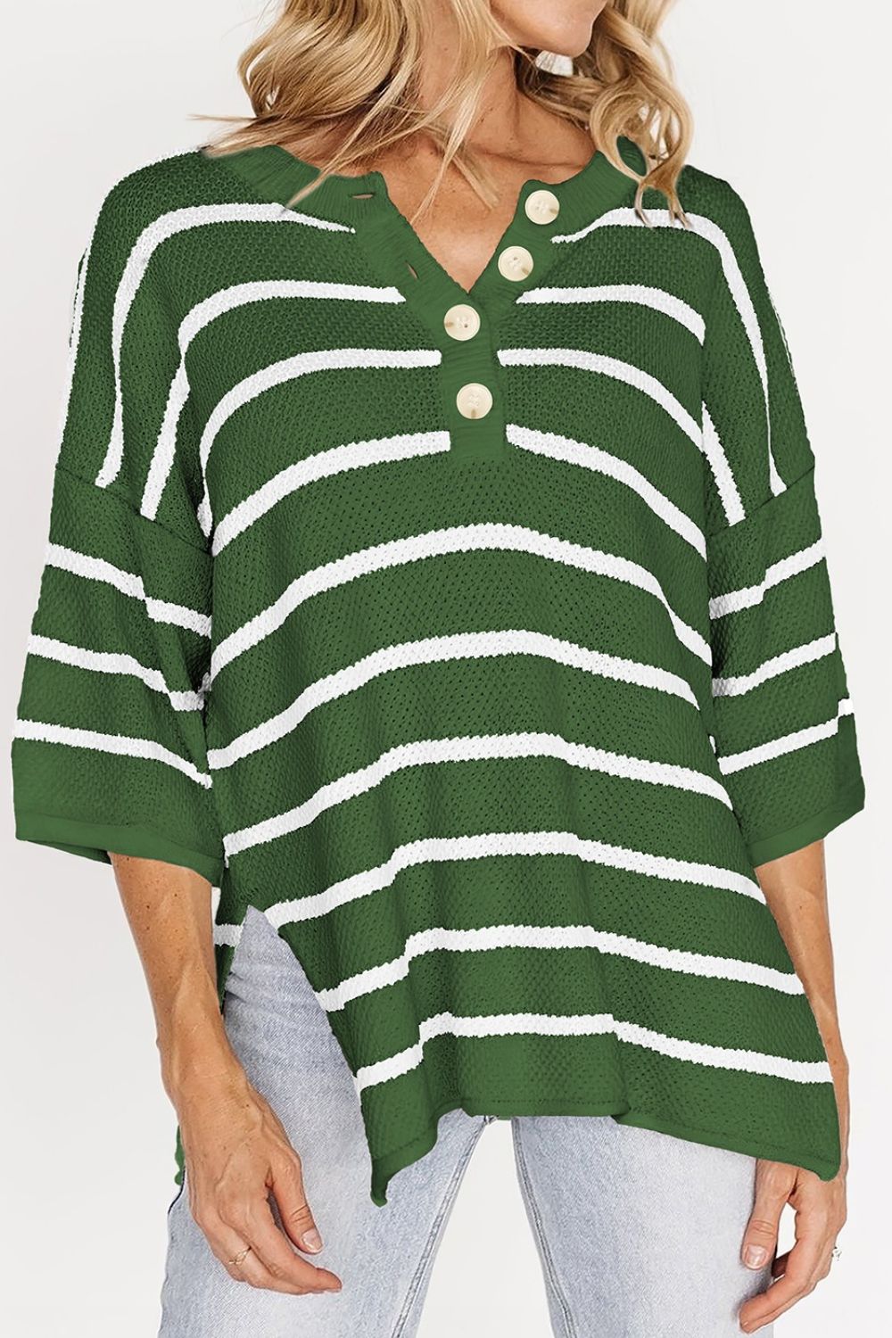 Stripe Drop Shoulder Side Slit Knit Top.