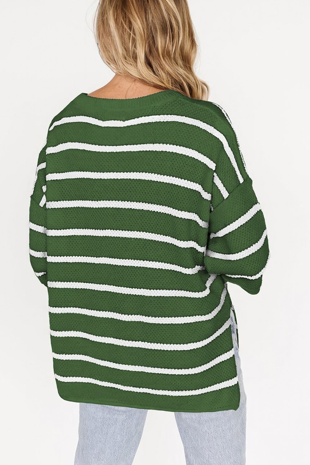 Stripe Drop Shoulder Side Slit Knit Top.