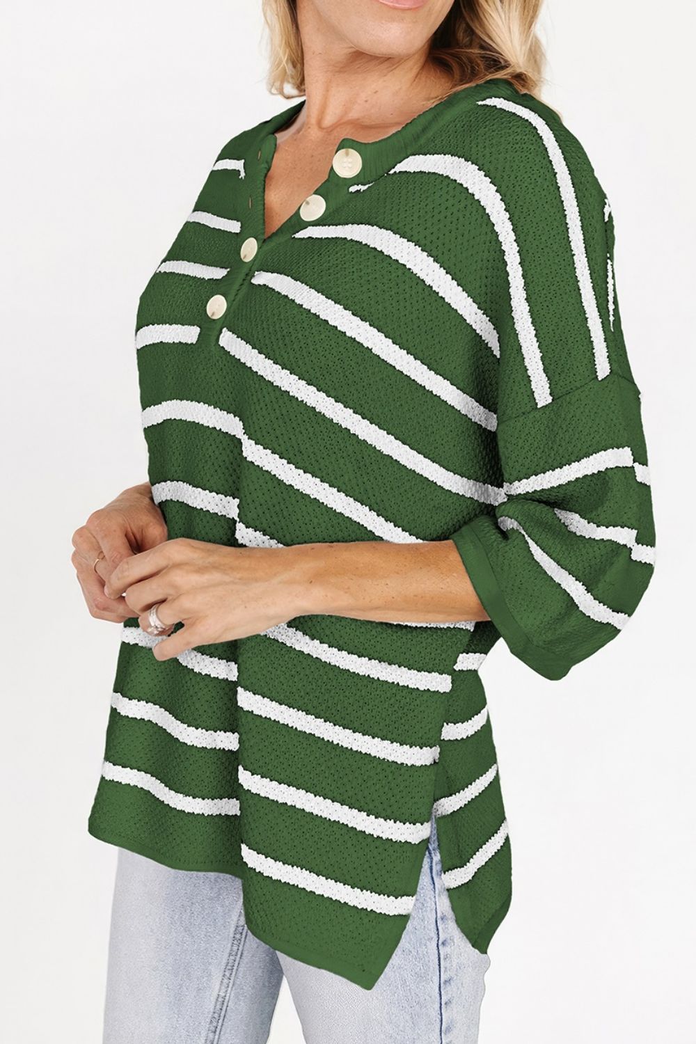 Stripe Drop Shoulder Side Slit Knit Top.