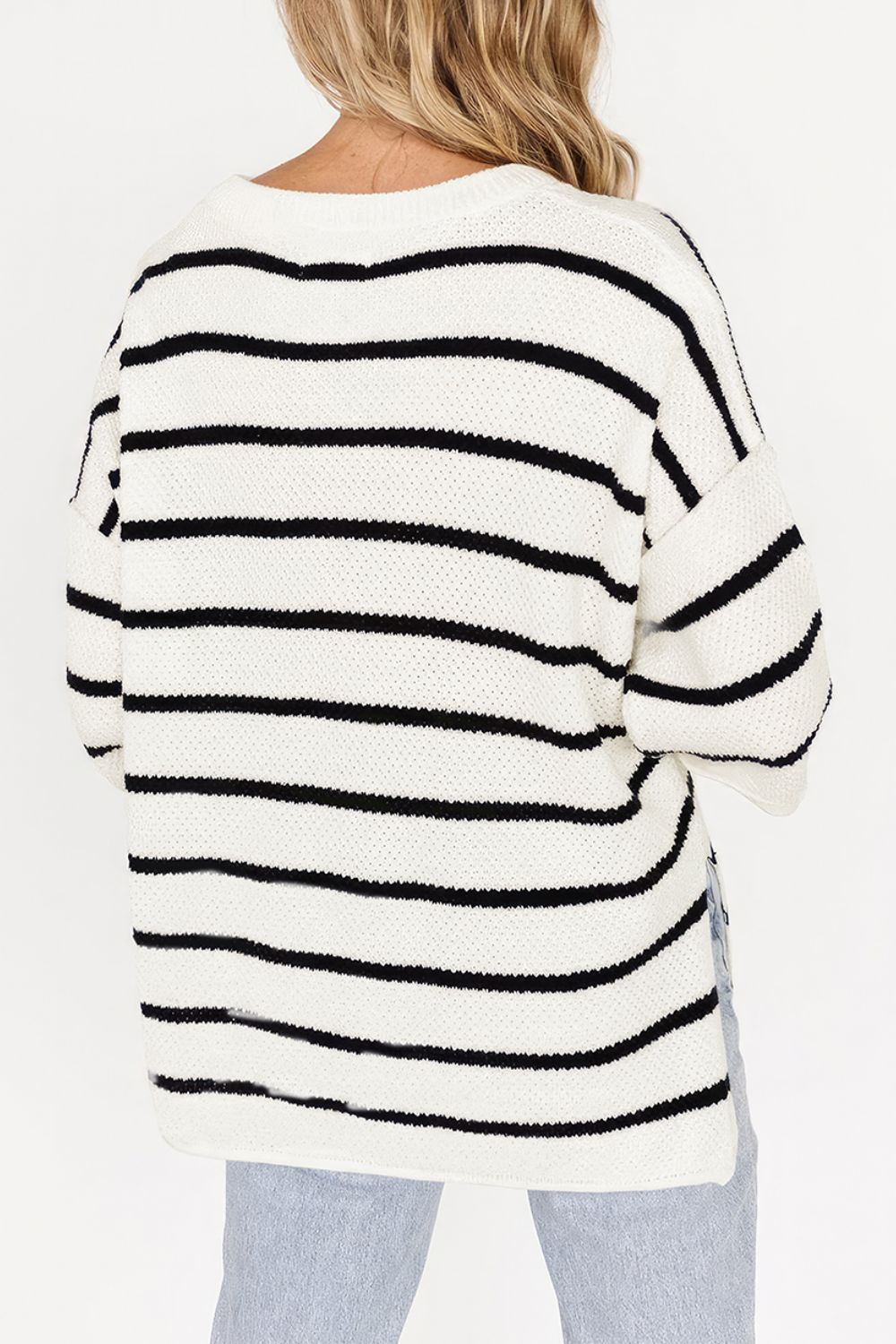Stripe Drop Shoulder Side Slit Knit Top.