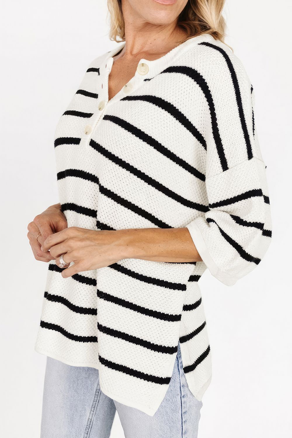 Stripe Drop Shoulder Side Slit Knit Top.