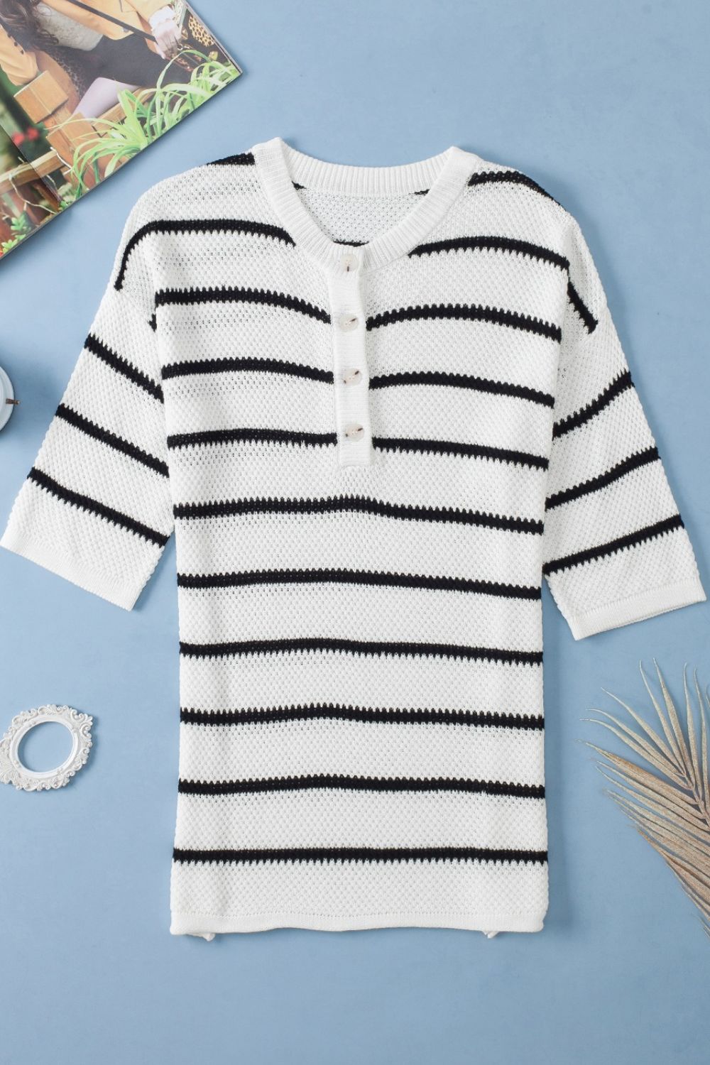 Stripe Drop Shoulder Side Slit Knit Top.