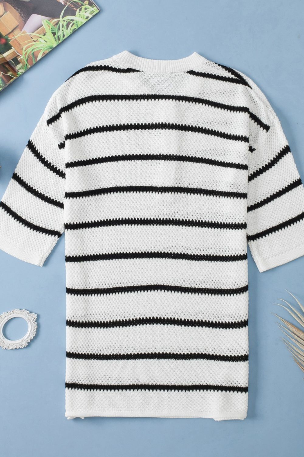 Stripe Drop Shoulder Side Slit Knit Top.