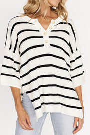 Stripe Drop Shoulder Side Slit Knit Top.