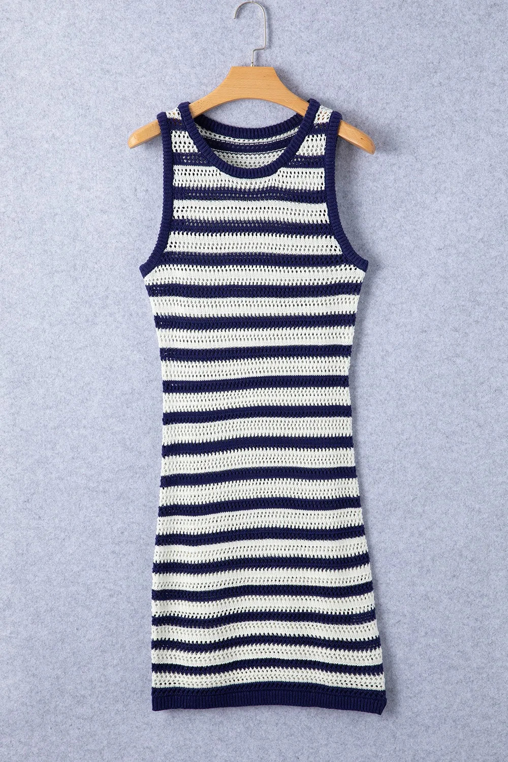 Stripe Hollowed Knit Sleeveless Sweater Dress.