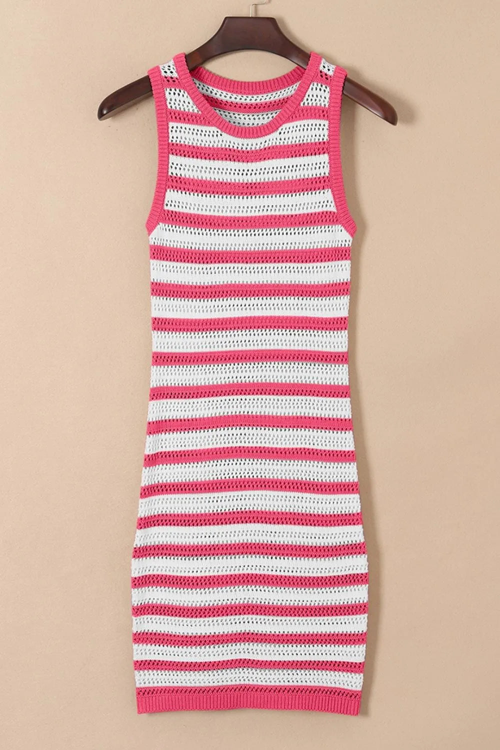 Stripe Hollowed Knit Sleeveless Sweater Dress.