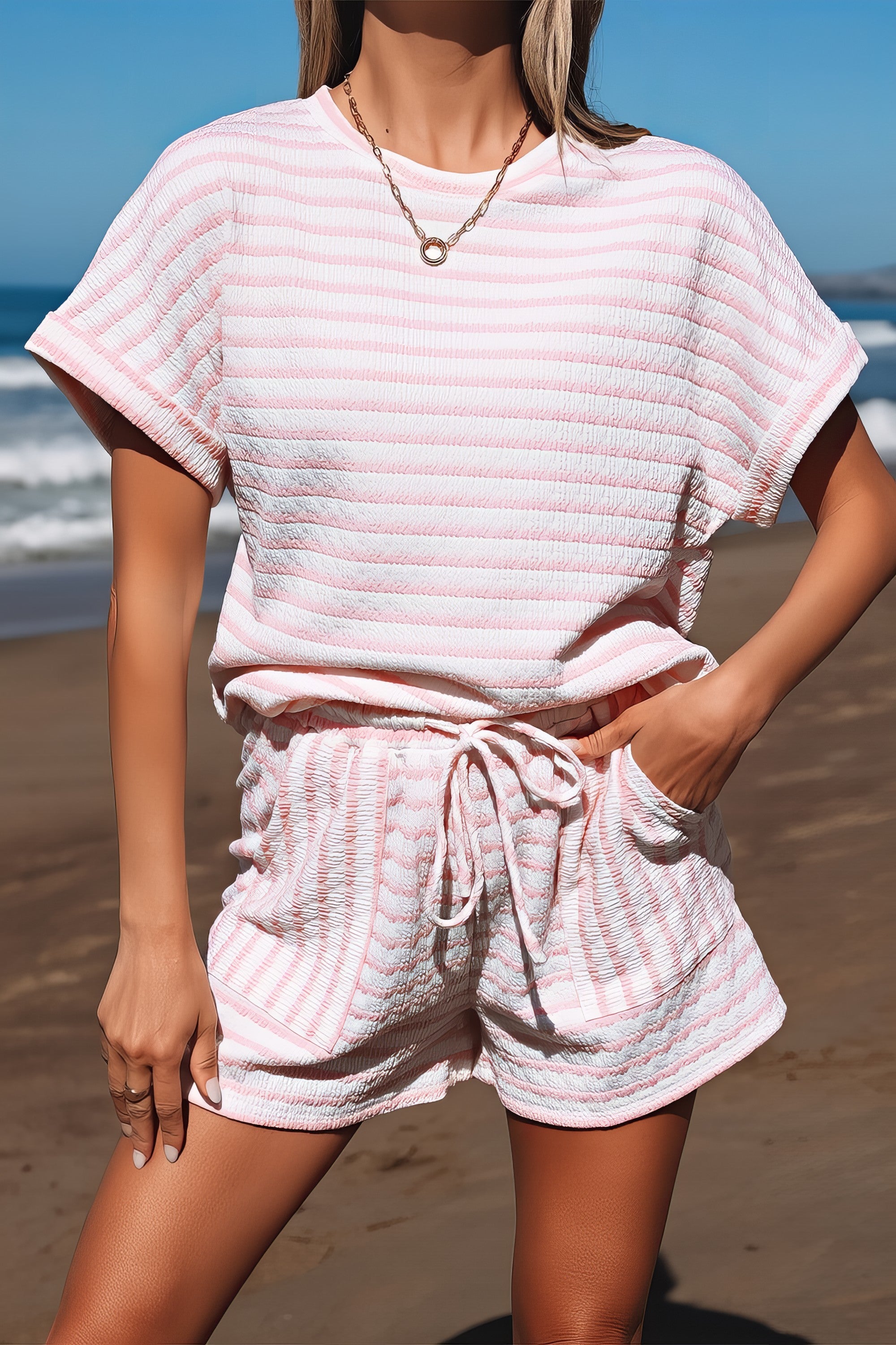 Women's stripe knitted short sleeve top and drawstring shorts set