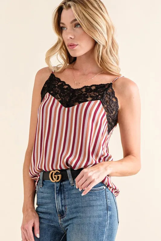 Stripe print with lace cami, slightly stretchy.