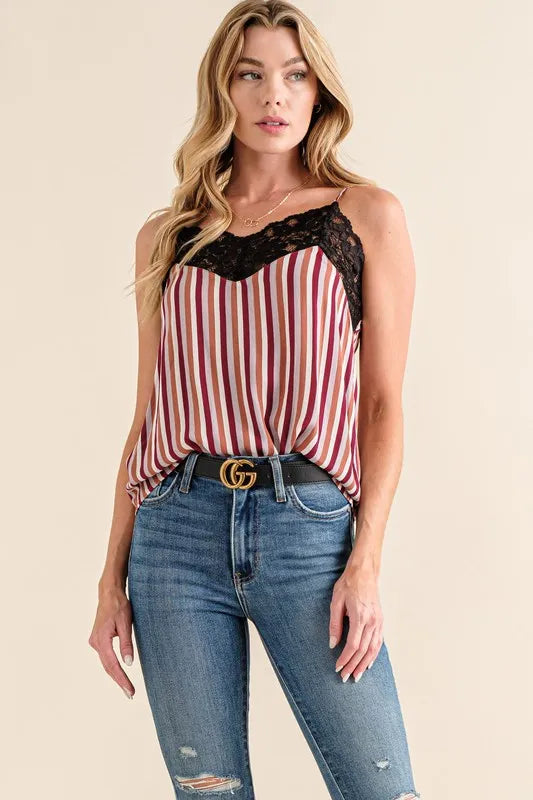 Stripe print with lace cami, slightly stretchy.