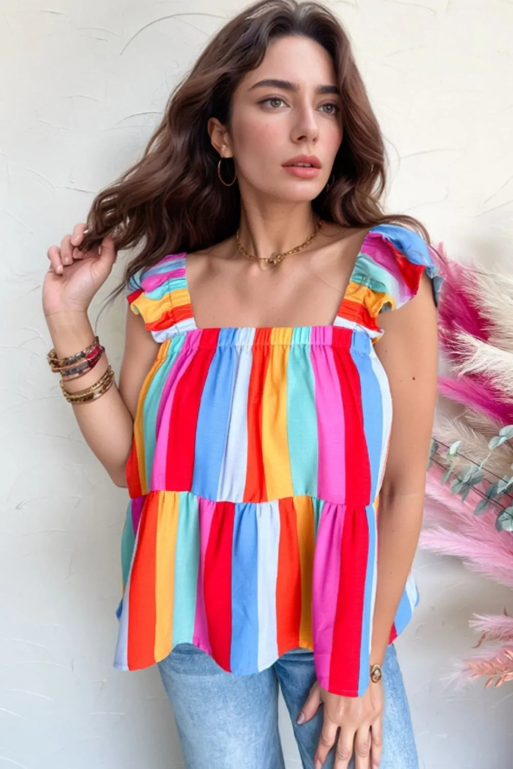 Stripe ruffled straps babydoll cami.