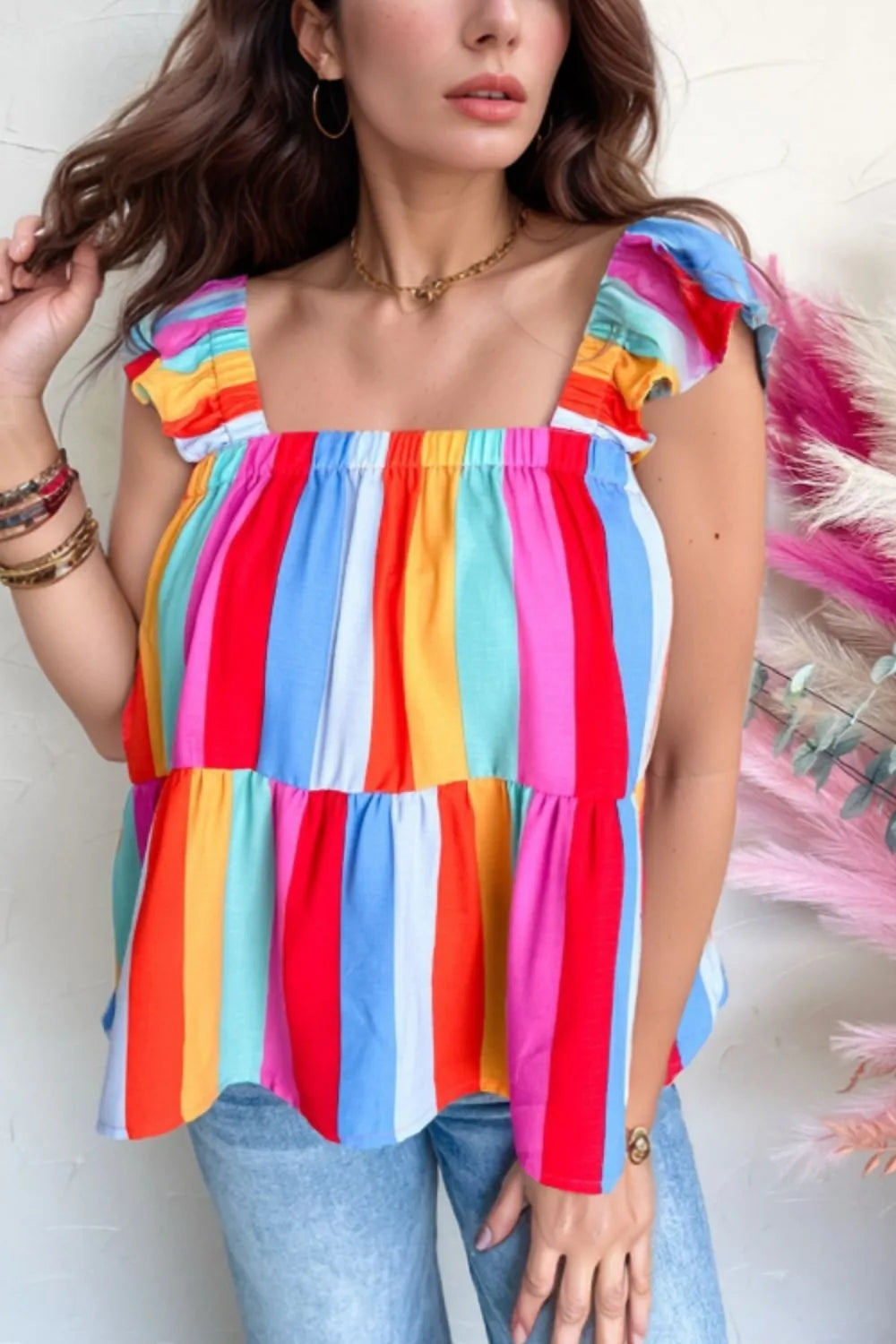 Stripe ruffled straps babydoll cami.