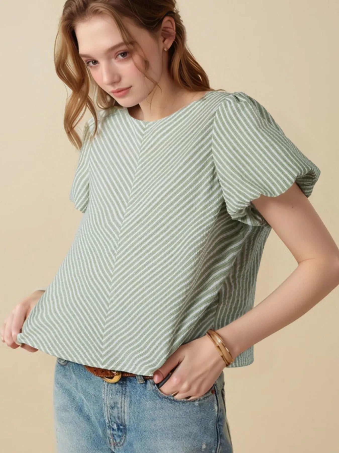Stripe Textured Round Neck Short Puff Sleeve Blouse.