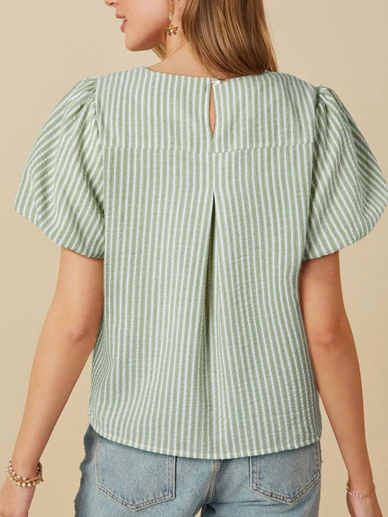 Stripe Textured Round Neck Short Puff Sleeve Blouse.